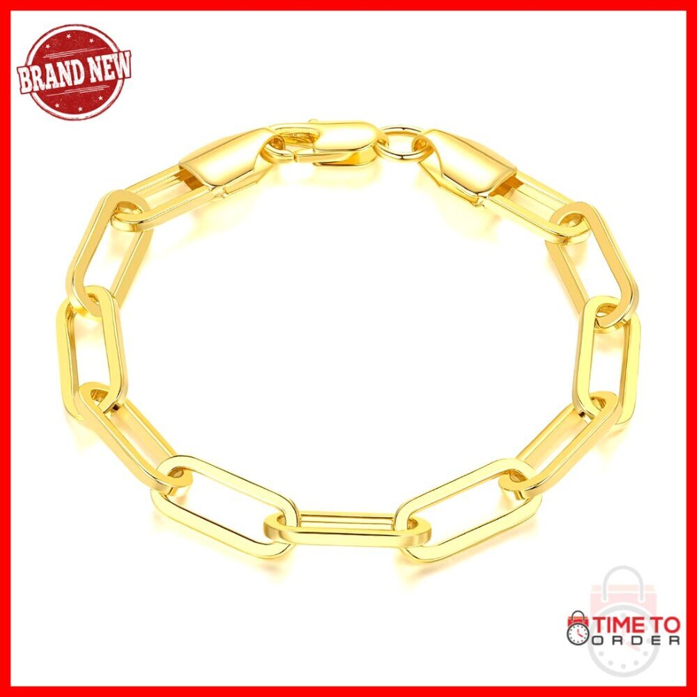 14k Gold Plated Paperclip Chain Bracelet, Lobster Clasp, 7mm Wide, Unisex